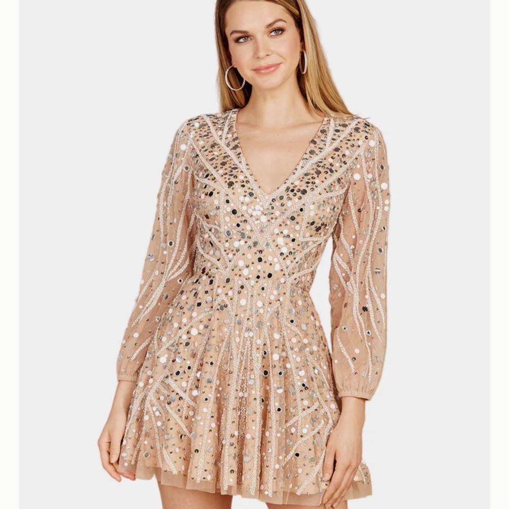 LARA Beaded Long Sleeve Bridal, Reception, or Prom Dress, Nude/Cream, SZ 16 NWT